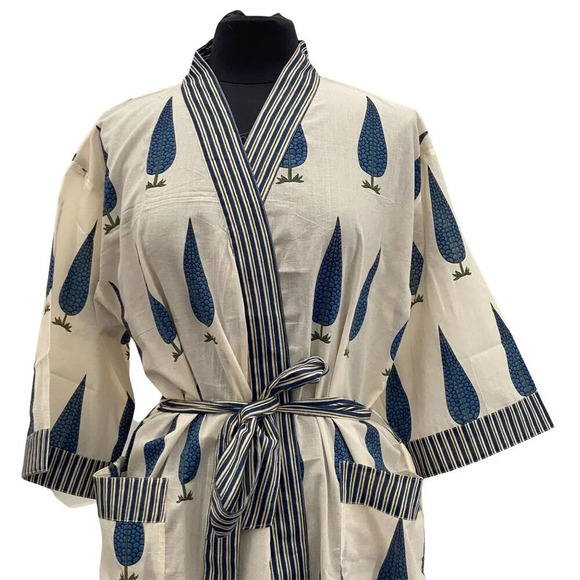 Cotton Block Printed Robe Cypress Tree Print - Picture 6 of 6